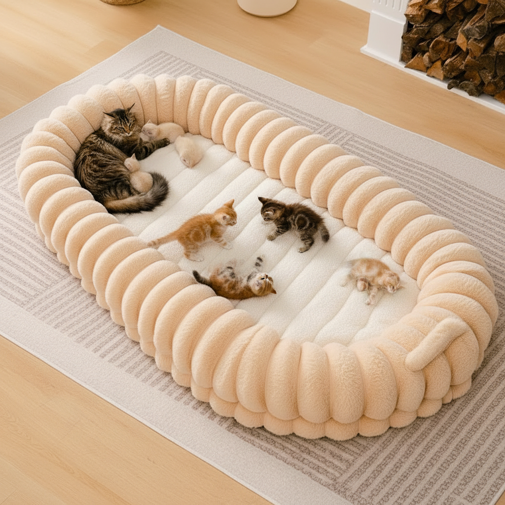 Sofa géant - maman Maine Coon et chatons joueurs